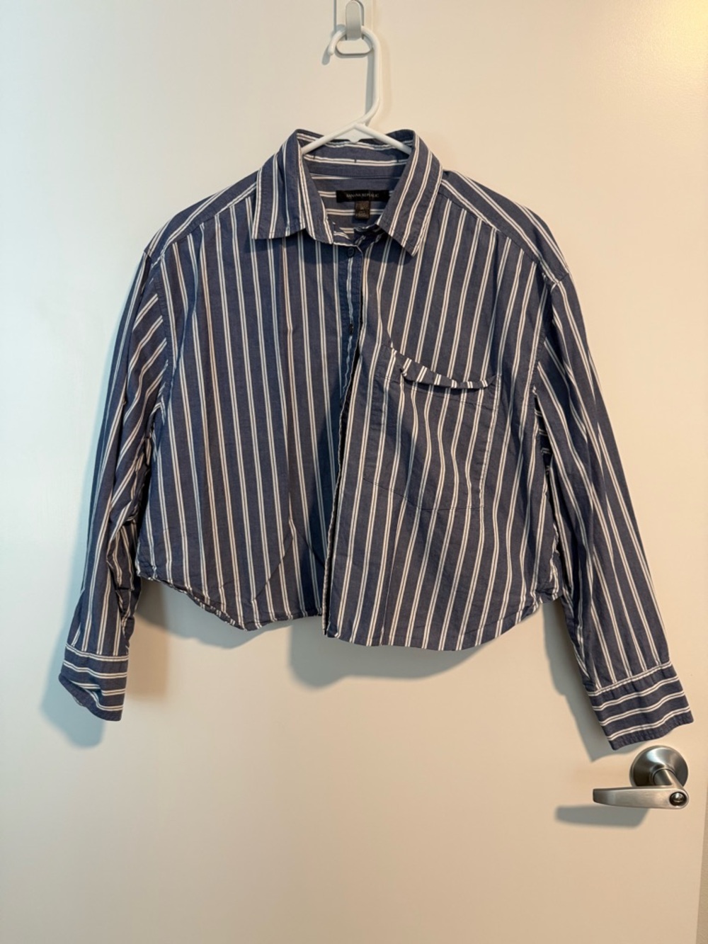 Banana Republic Navy & White Striped Cropped Button-Up Shirt